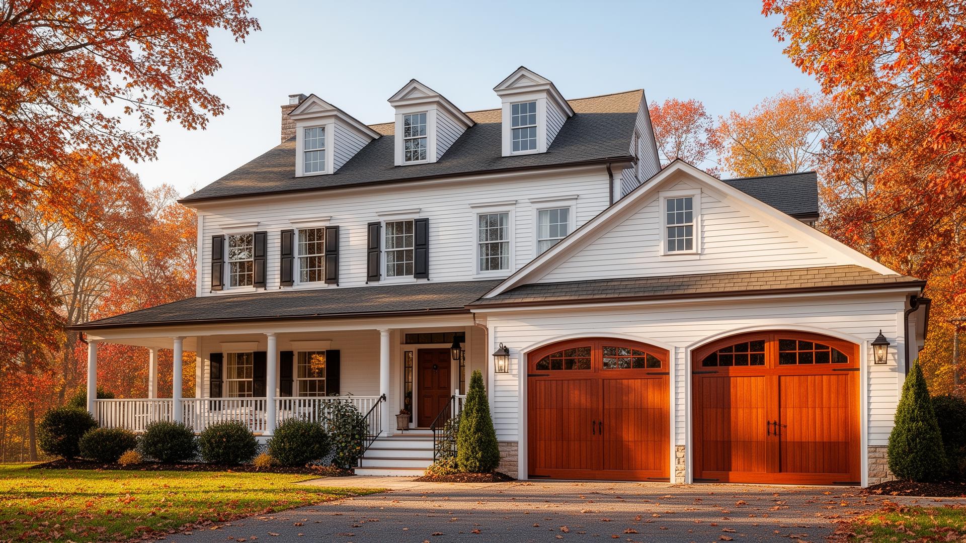 Elegant mahogany wood garage doors with arched windows on classic farmhouse